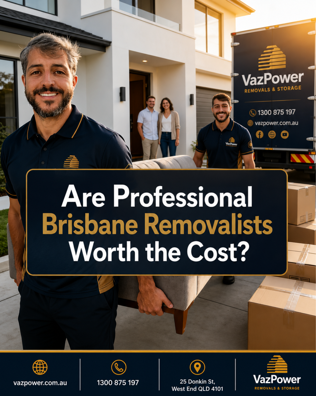 Professional Vaz Power removalists carefully loading furniture into a branded moving truck outside a modern Brisbane home, demonstrating the value of hiring experienced removalists.