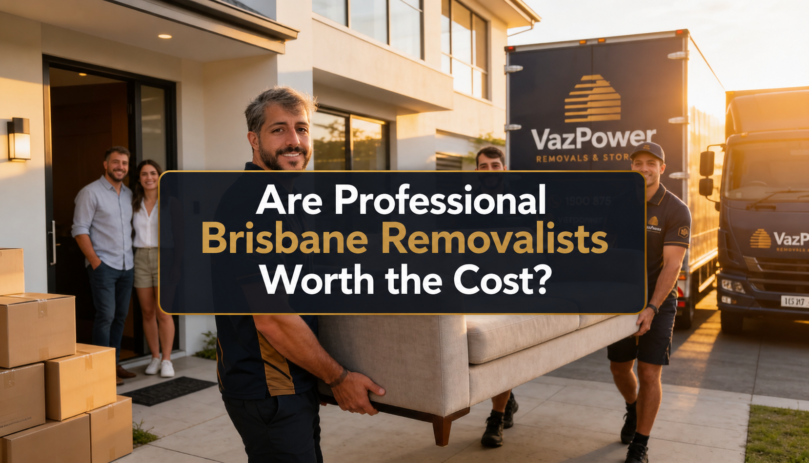 Professional Vaz Power removalists carefully loading furniture into a branded moving truck outside a modern Brisbane home, demonstrating the value of hiring experienced removalists.