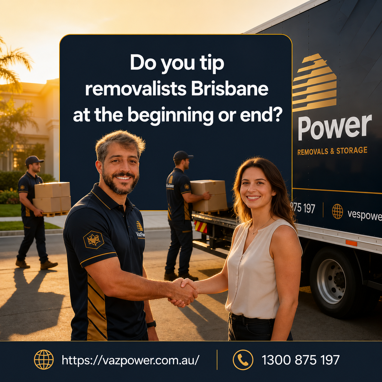 Professional Vaz Power removalists helping a happy family move into their new Brisbane home and discussing tipping etiquette for removalists in Australia.