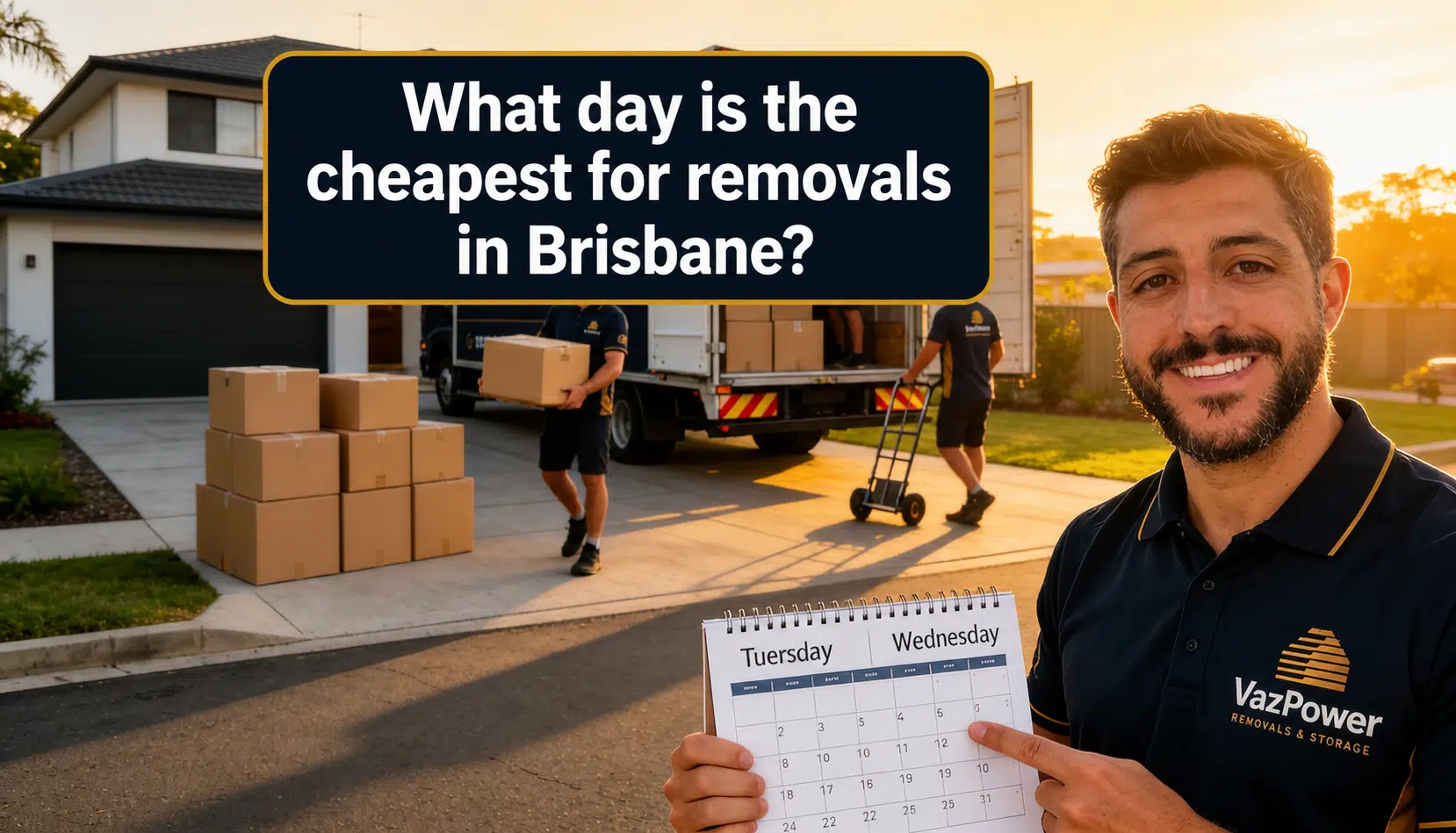 Professional Removalists Brisbane team with a Vaz Power moving truck explaining the cheapest days to move house in Brisbane.