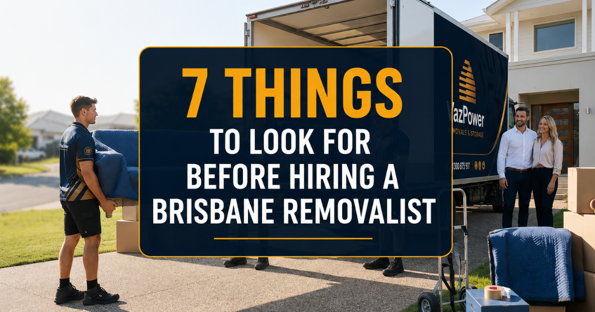 Professional Vaz Power removalist greeting homeowners outside a modern Brisbane home before a residential move, with a branded removal truck parked in the driveway.