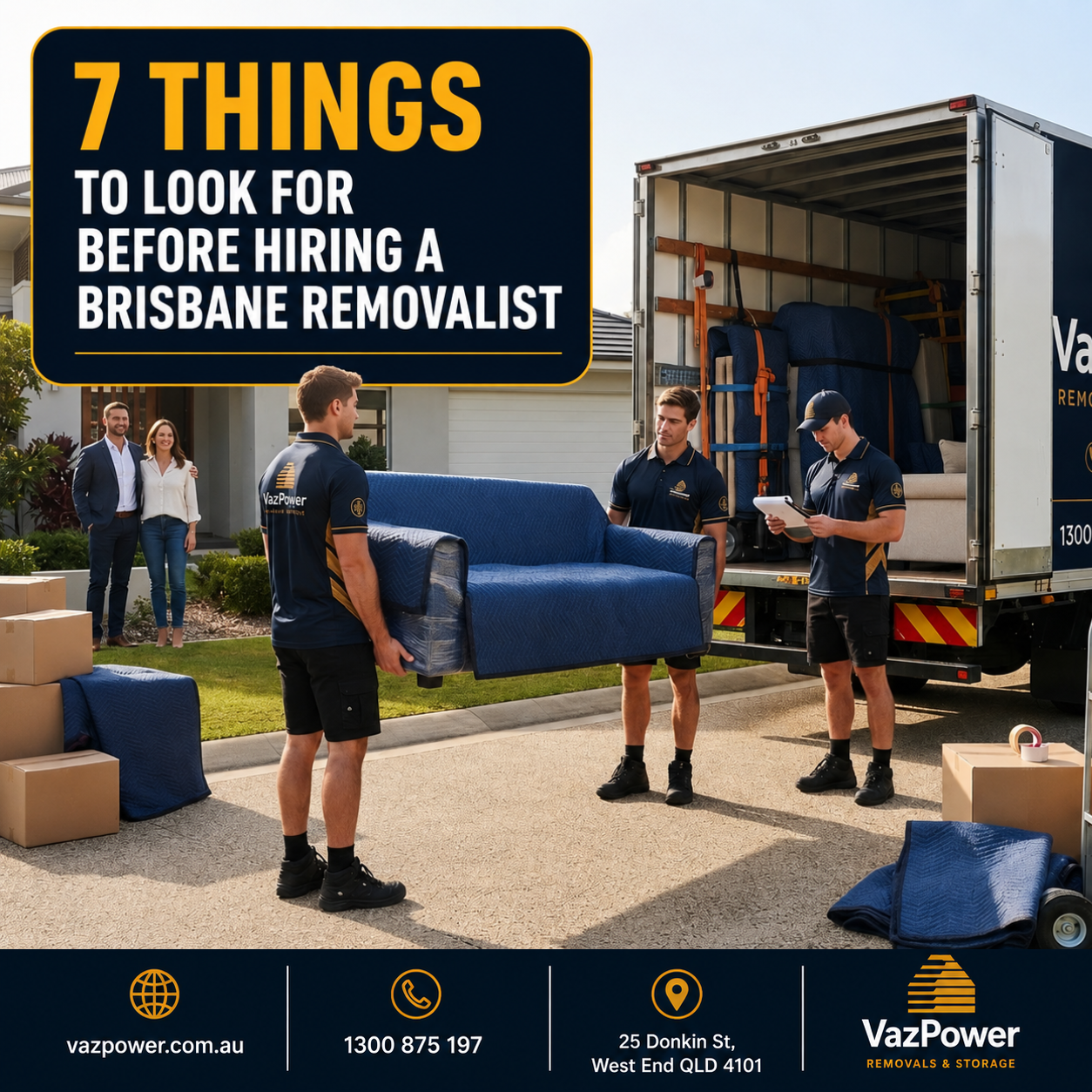 Professional Vaz Power removalist greeting homeowners outside a modern Brisbane home before a residential move, with a branded removal truck parked in the driveway.