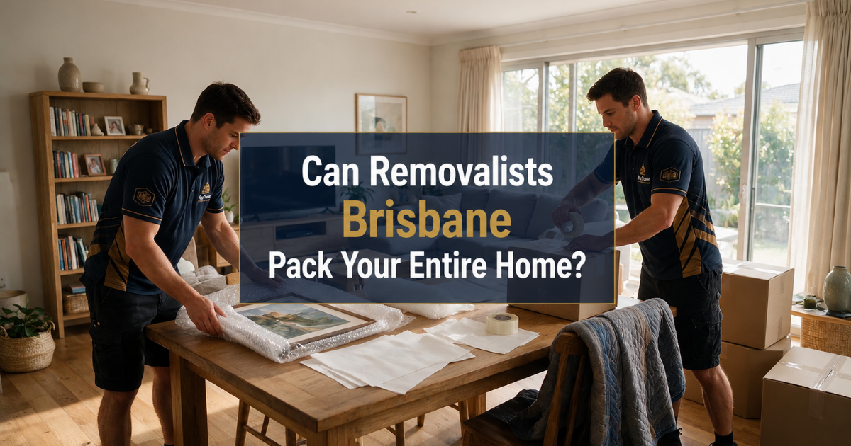 Professional Brisbane Removalists from Vaz Power carefully packing household belongings inside a modern Australian home using high-quality packing materials.