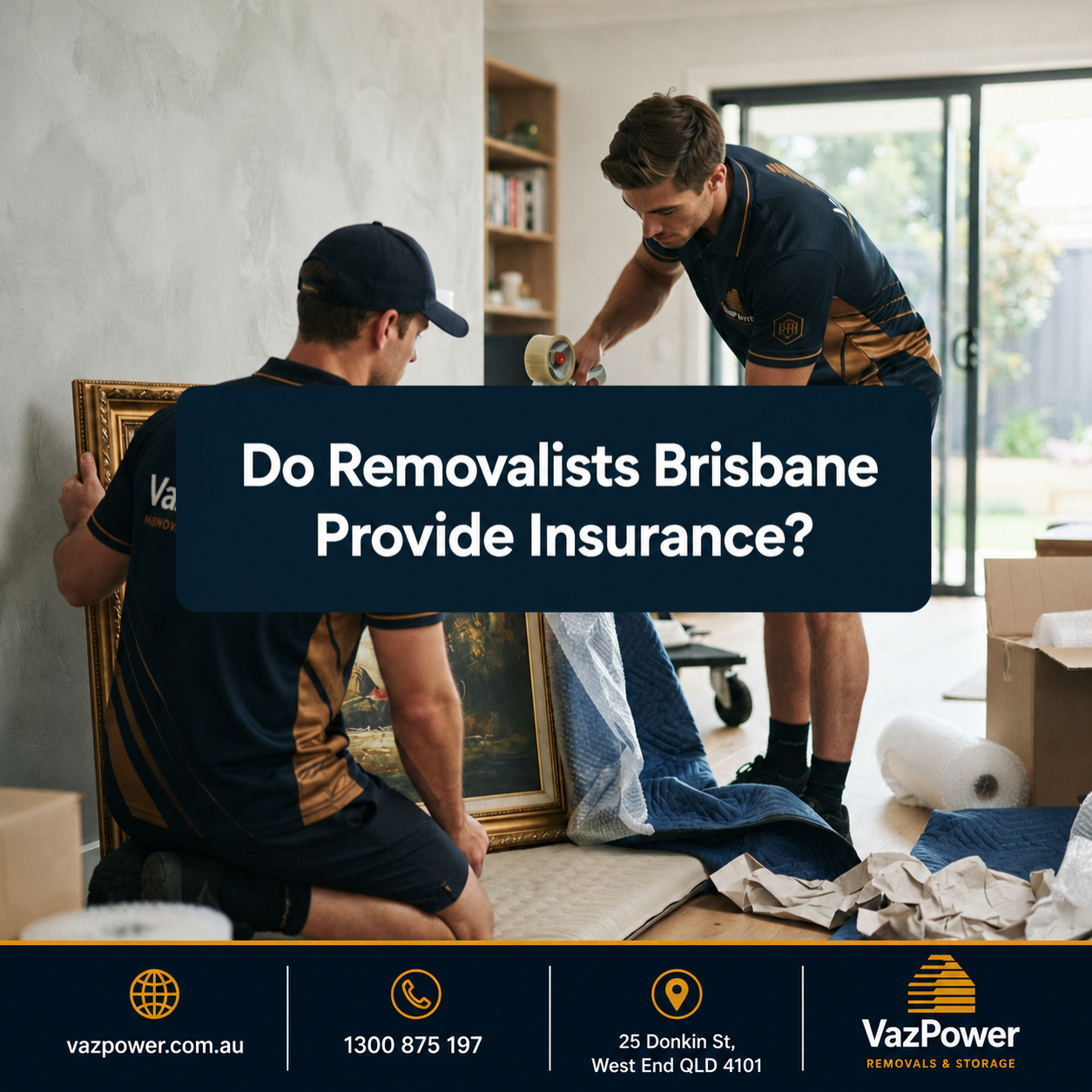 Professional Vaz Power removalists carefully wrapping a framed painting inside a modern Brisbane home before a residential move.
