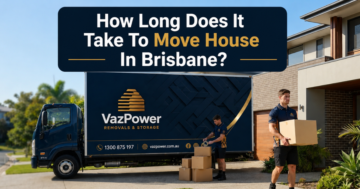 Professional Vaz Power removalists unloading furniture from a branded removal truck outside a modern Brisbane home during a residential relocation.