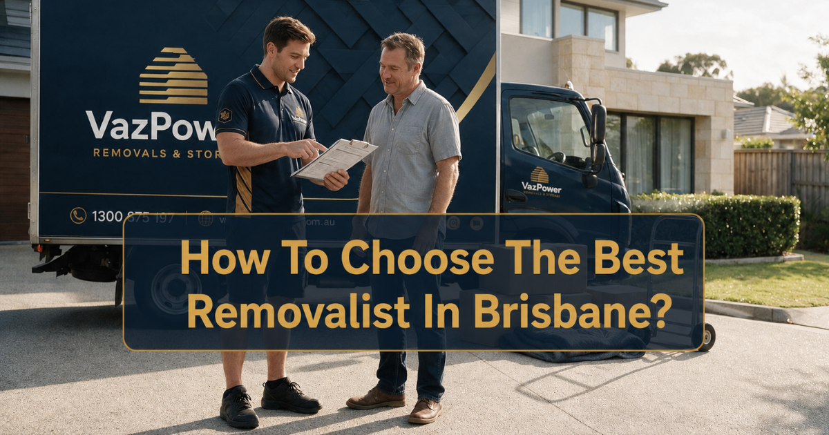 Professional Brisbane removalist explaining a moving quote to a homeowner beside a branded Vaz Power moving truck outside a modern home in Brisbane, Australia.