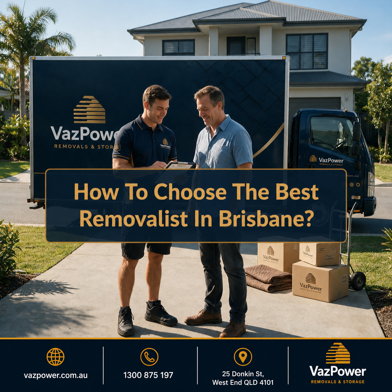 Professional Brisbane removalist explaining a moving quote to a homeowner beside a branded Vaz Power moving truck outside a modern home in Brisbane, Australia.