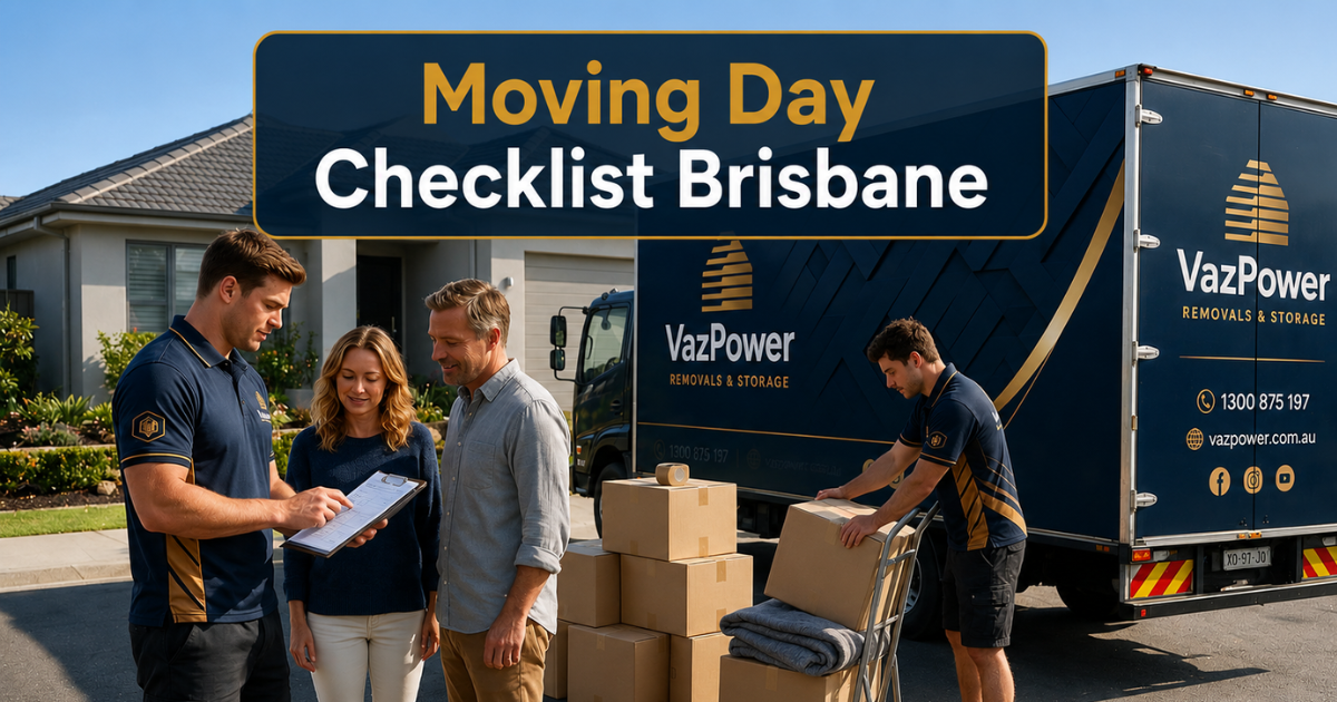 Professional Brisbane removalist reviewing a moving day checklist with a happy couple beside an open Vaz Power moving truck outside a suburban home in Brisbane, Australia.