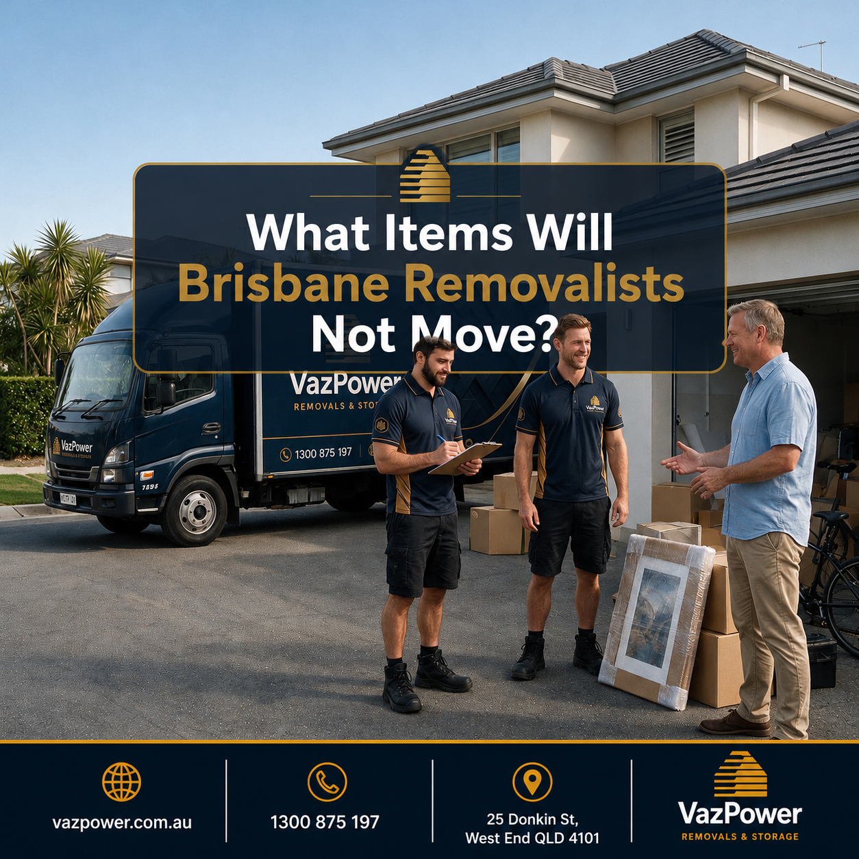Professional Brisbane Removalists from Vaz Power discussing moving requirements with a homeowner before moving day outside a modern Australian home.