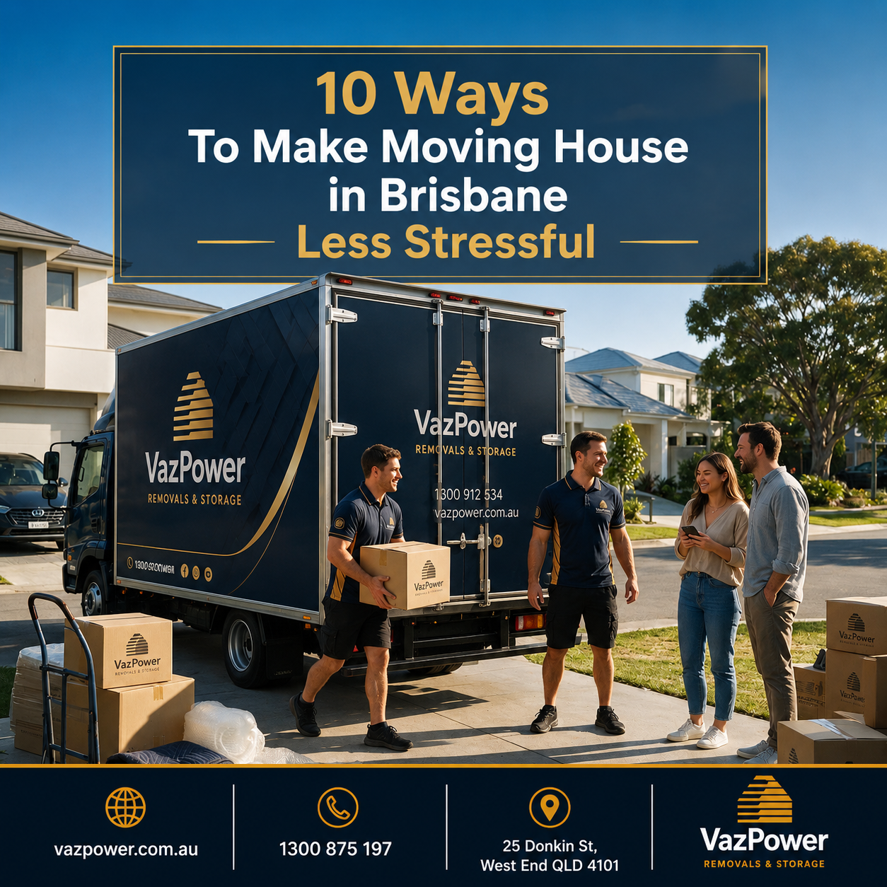 Professional Vaz Power removalists helping a Brisbane family move into their new home, demonstrating organised packing and a stress-free moving experience.
