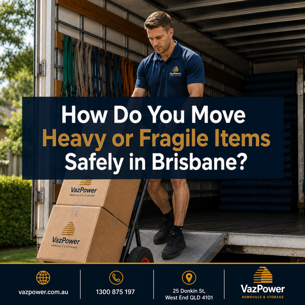 Vaz Power removalist safely moving heavy boxes with a trolley from a moving truck in Brisbane.