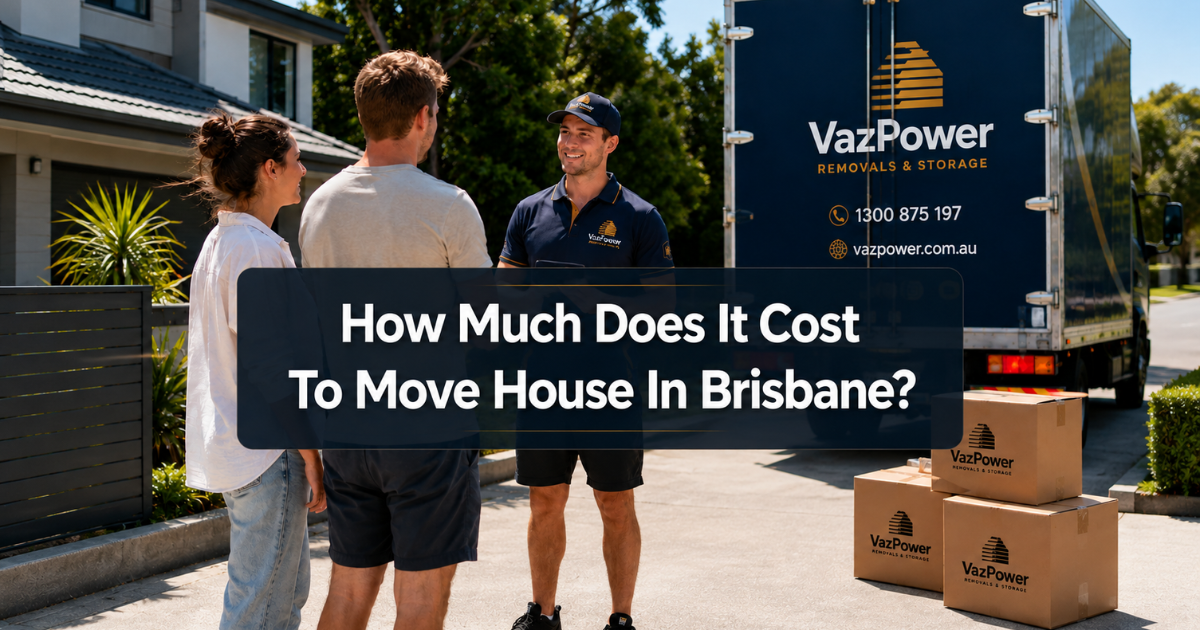 Vaz Power removalist discussing a Brisbane house move with a couple beside a moving truck and packed boxes.