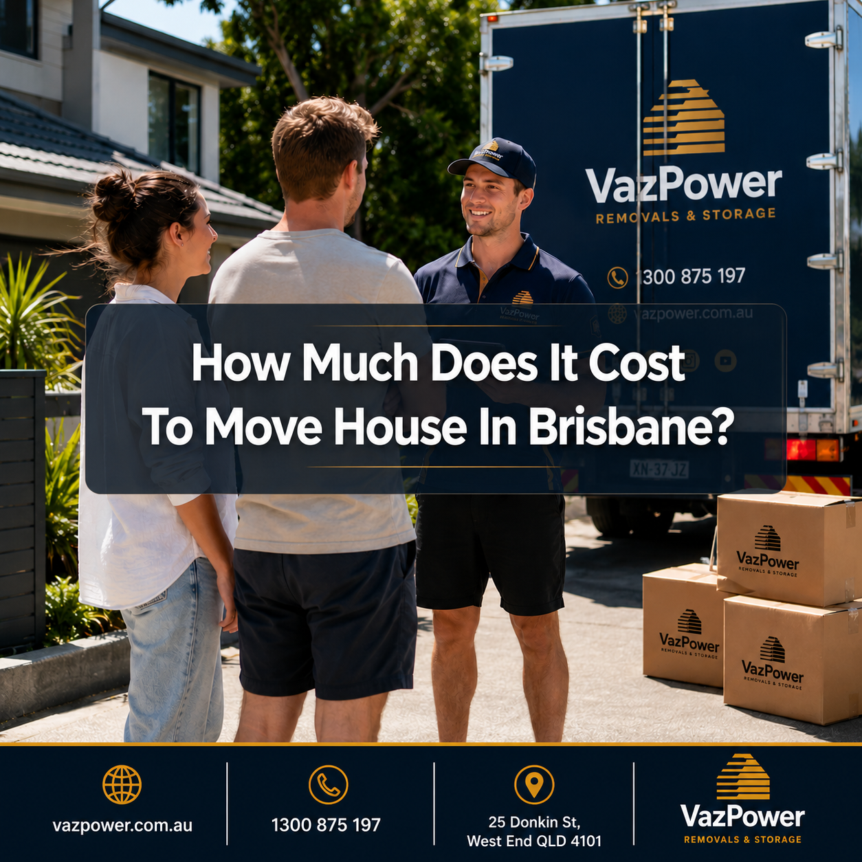 Vaz Power removalist discussing a Brisbane house move with a couple beside a moving truck and packed boxes.