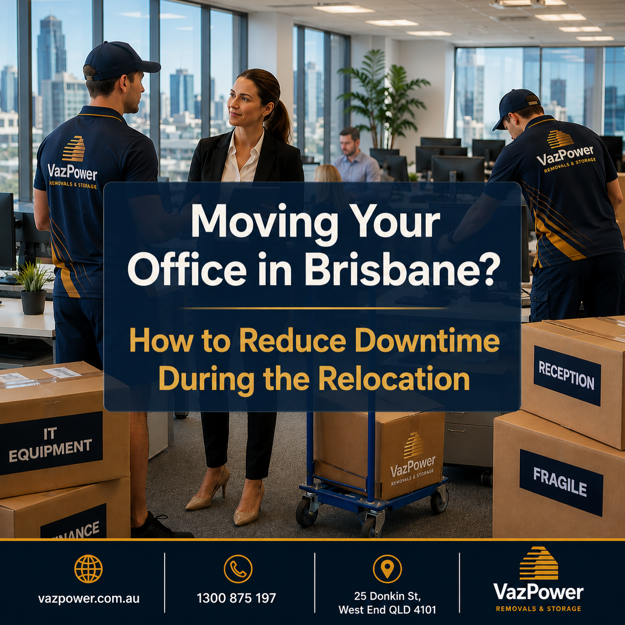 Office relocation in Brisbane with Vaz Power removalists packing and organising office equipment to reduce business downtime.