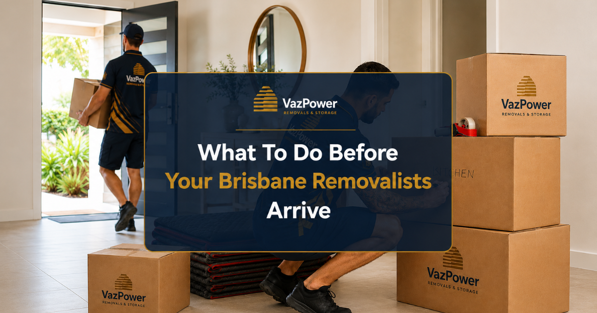 Professional Vaz Power removalists packing and labelling moving boxes inside a modern Brisbane home, demonstrating how to prepare before your removalists arrive for a smooth and organised moving day.