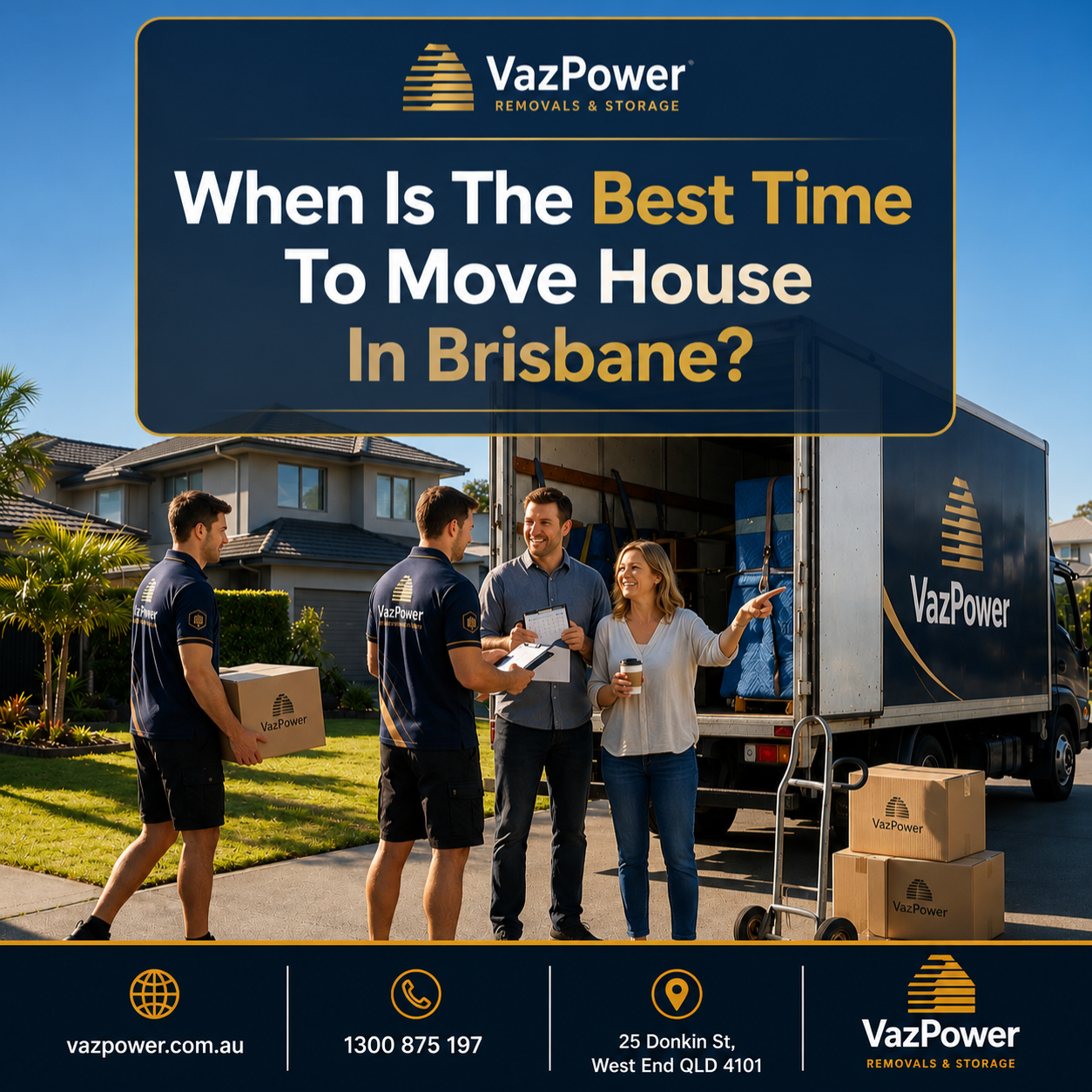 Professional Vaz Power removalists helping Brisbane homeowners plan the ideal moving day while discussing their relocation schedule outside a modern Australian home.