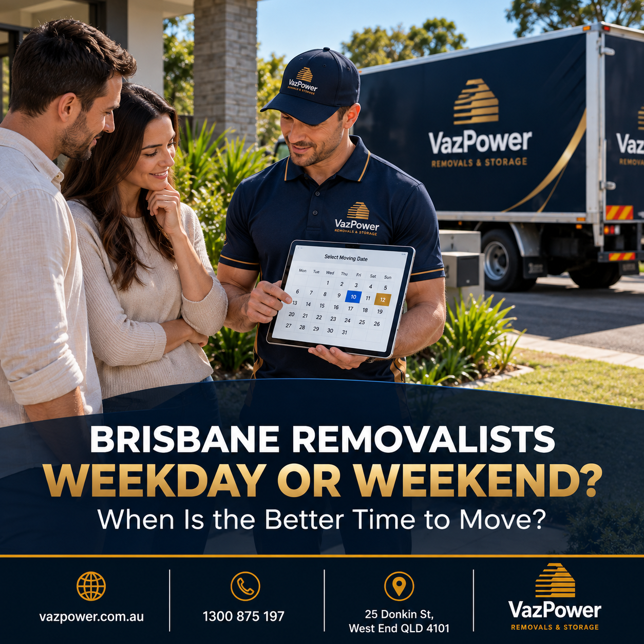 Brisbane removalist helping a couple choose between a weekday or weekend moving date outside their home.
