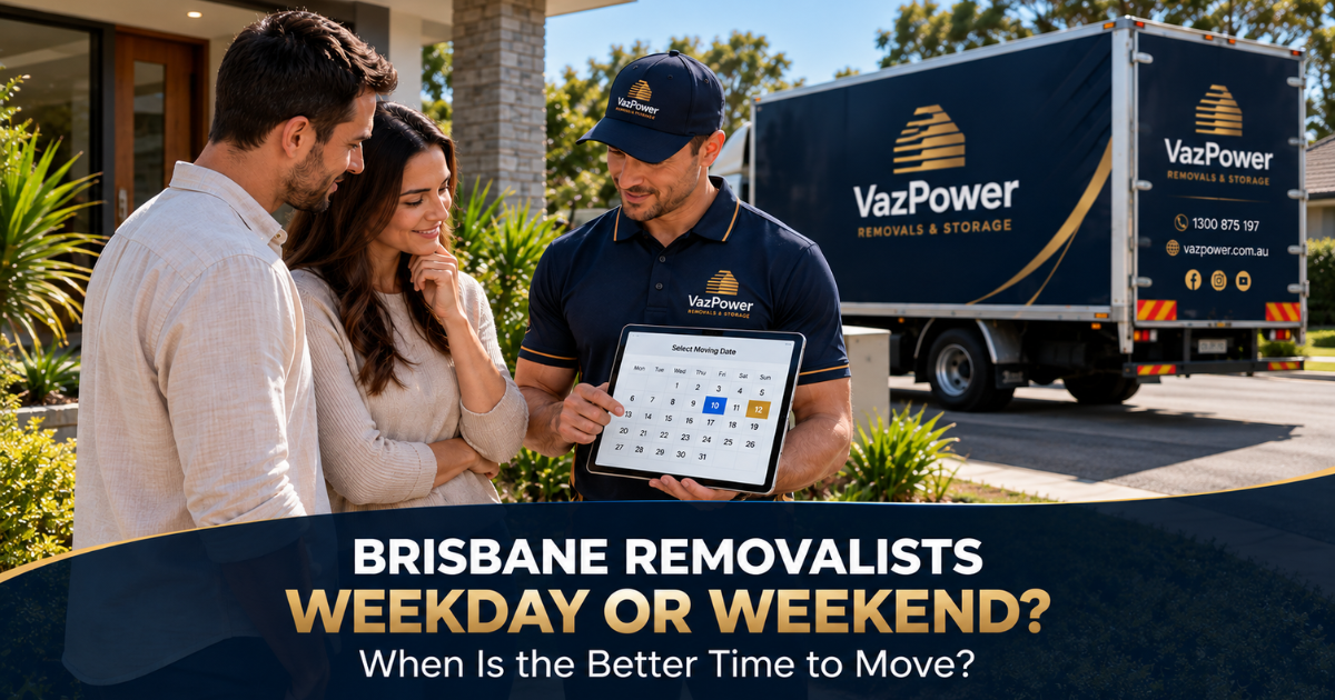 Brisbane removalist helping a couple choose between a weekday or weekend moving date outside their home.